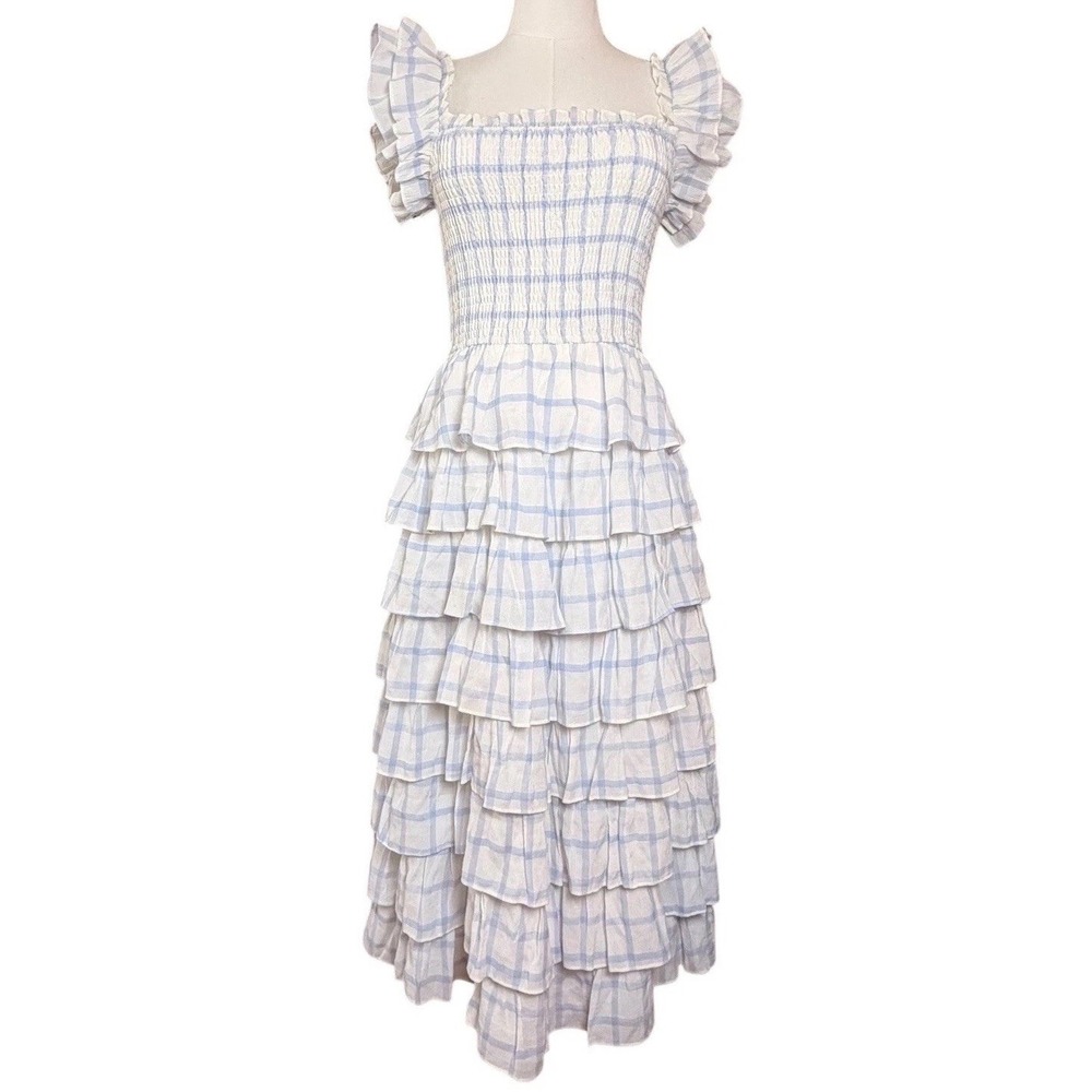 Storia Adelynn Ruffle Midi Dress S Blue White Plaid Smocked Cottagecore Prairie - Picture 6 of 11